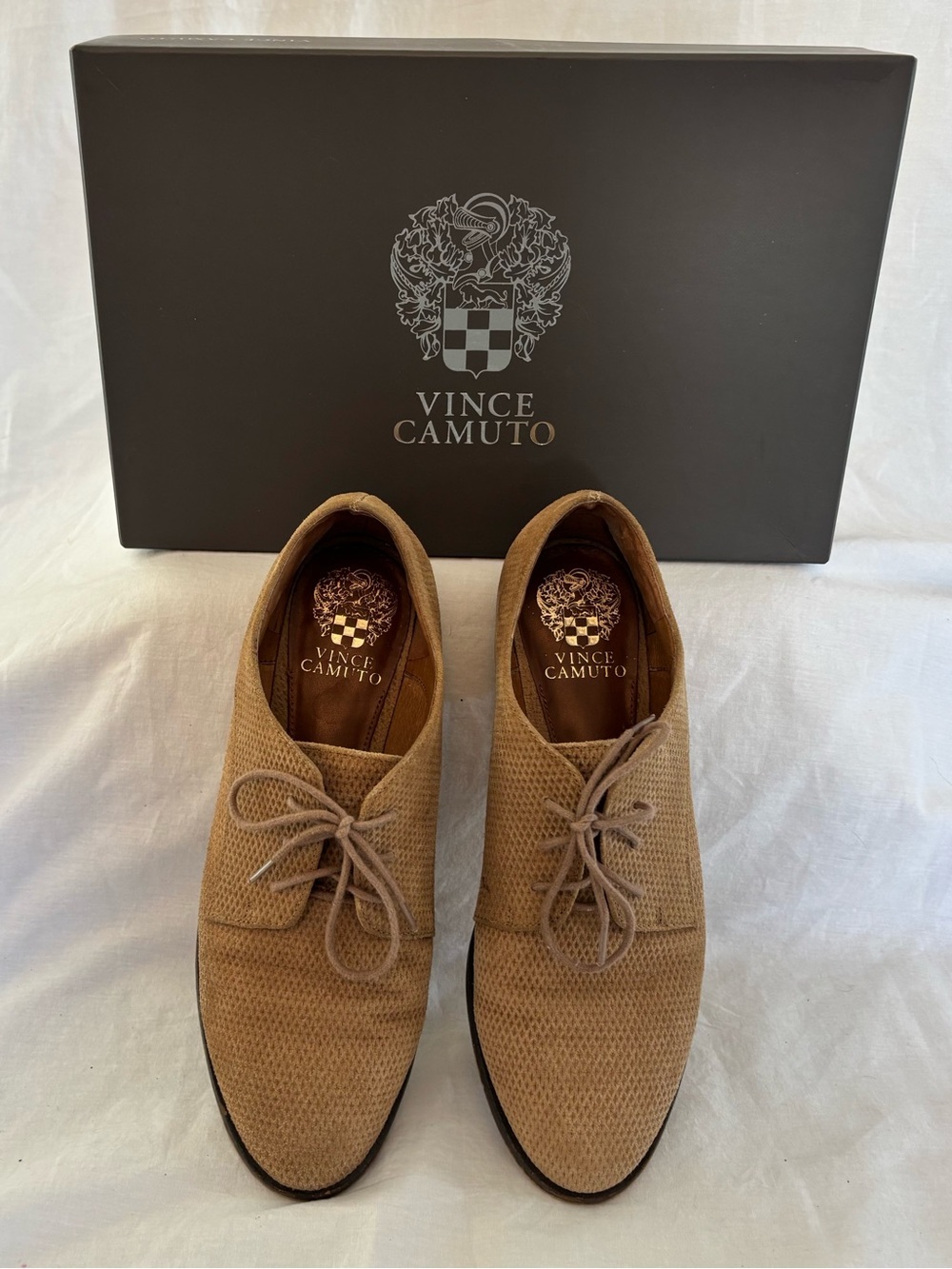 Vince Camuto Merley Oxford Flats Khaki Suede Leather Academia Size 8